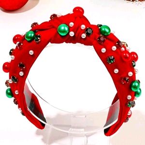 Red headband with knot design with stones and pearls